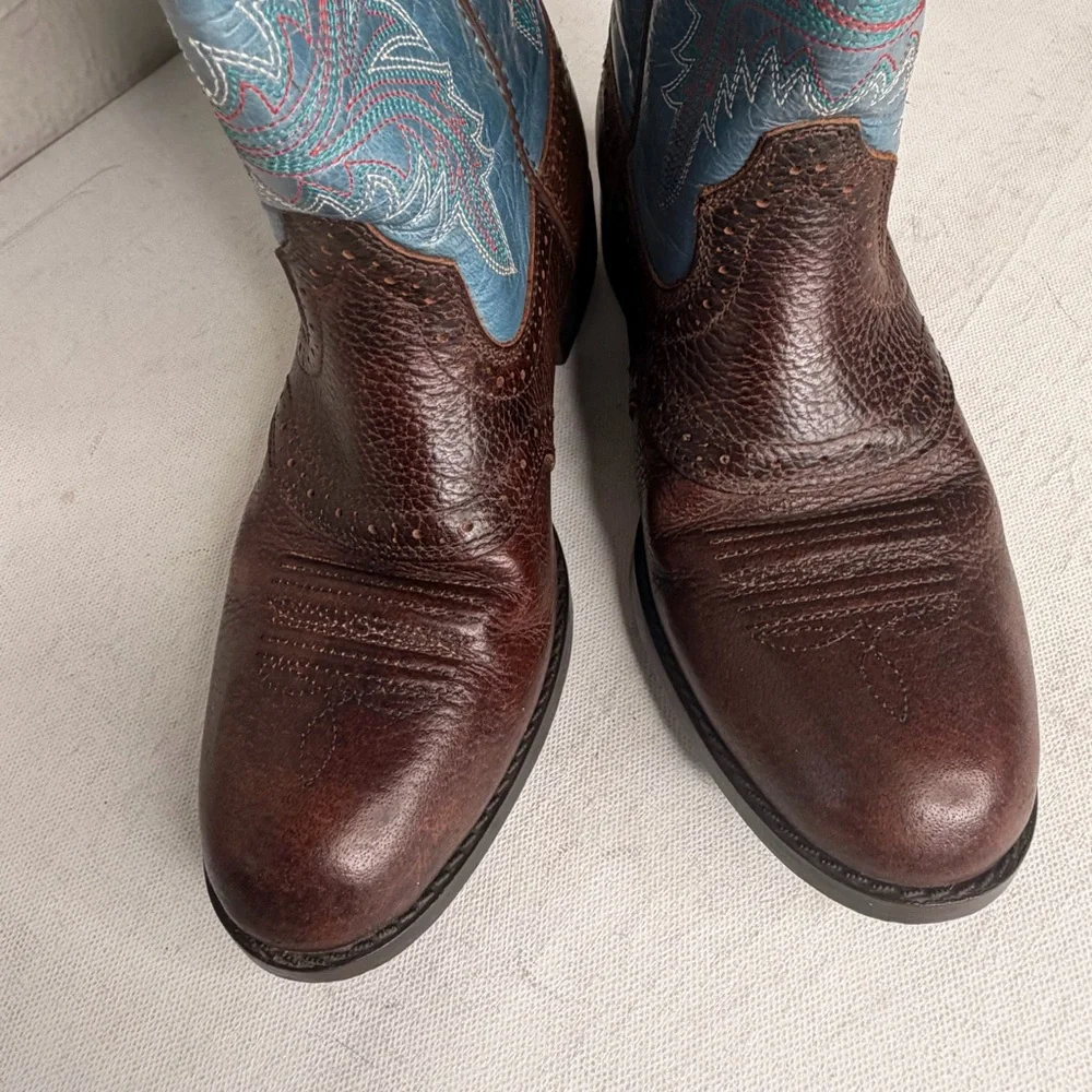 Ariat western brown boot with blue embroidered shaft